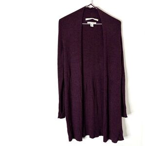 Max Studio Extra Fine Merino Wool Ribbed Open Front Wine Purple Cardigan Sweater